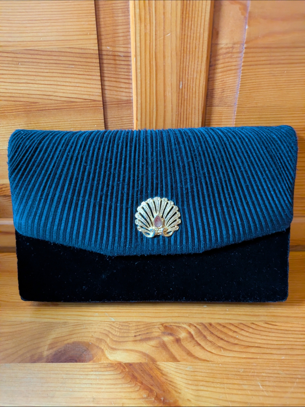 Heys Velvet Foldover Vintage Clutch with Gold Shell Accent